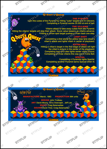 Gottlieb Q * Bert's Quest 1983 Juego de cartas Instrucciones Pinball Delantal personalizado Reglas impresas