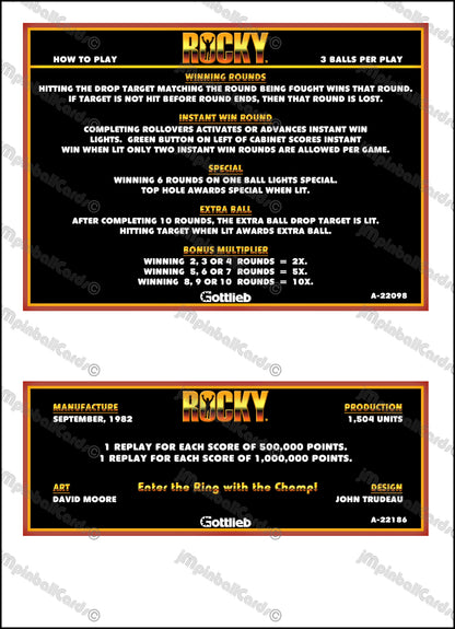 Gottlieb Rocky 1982 Game Cards Instructions Pinball Custom Apron Printed Rules V2