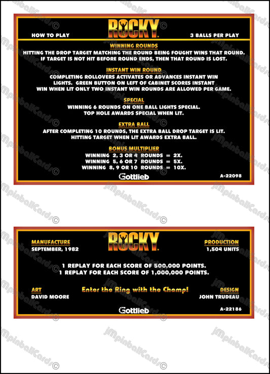 Instrucciones de las tarjetas del juego Gottlieb Rocky 1982 Pinball V2 Tarjetas de delantal de pinball impresas personalizadas
