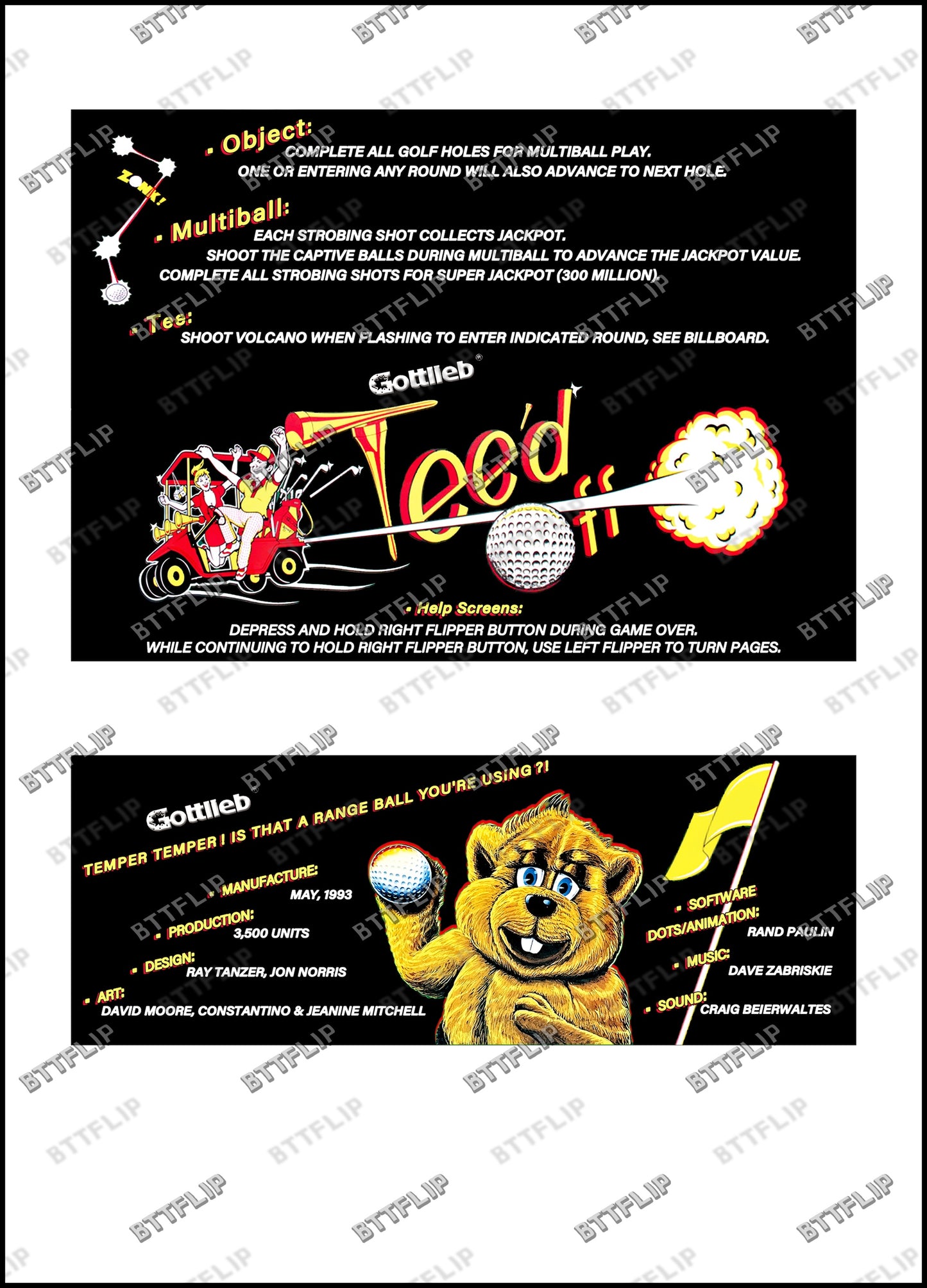 Gottlieb TEE'D OFF 1993 Game Cards Instructions Pinball Custom Apron printed rules