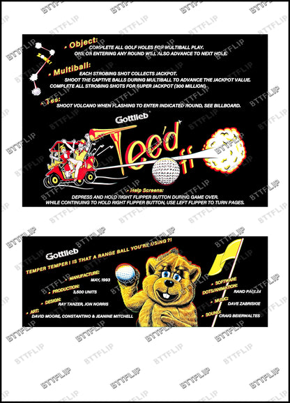 Gottlieb TEE'D OFF 1993 Game Cards Instructions Pinball Custom Apron printed rules