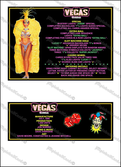 Instrucciones de las tarjetas de juego Gottlieb VEGAS 1990, delantal personalizado de pinball, reglas impresas V2