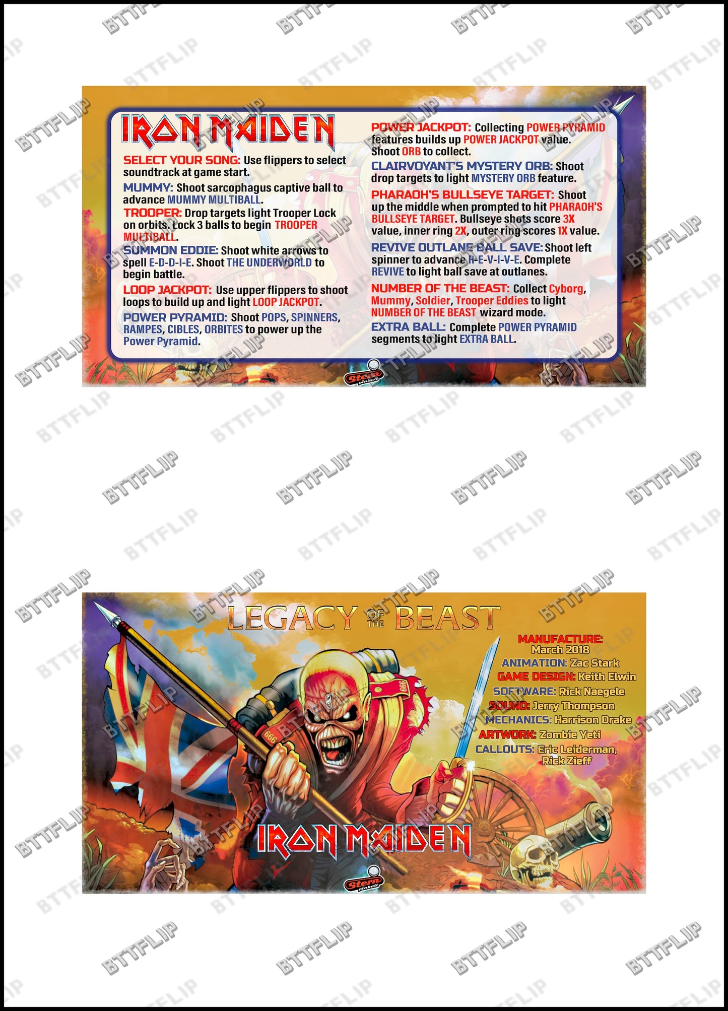 Stern Iron Maiden 2018 PRO Game Cards Instructions Pinball Custom Apron Printed Rules V1 / V2