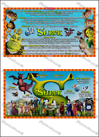 Instrucciones de las tarjetas del juego Stern Shrek 2008, delantal personalizado de pinball, reglas impresas V2