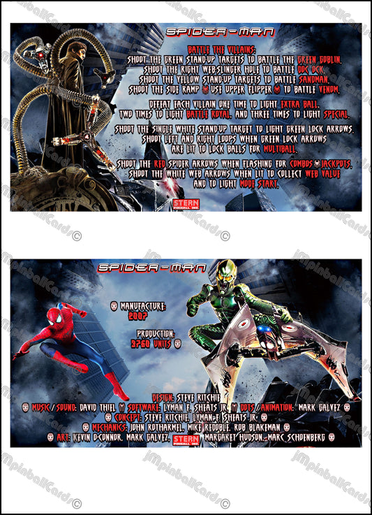 Stern Spider-Man 2007 Jeu Cartes Instructions Flipper Custom Apron règles imprimées V2
