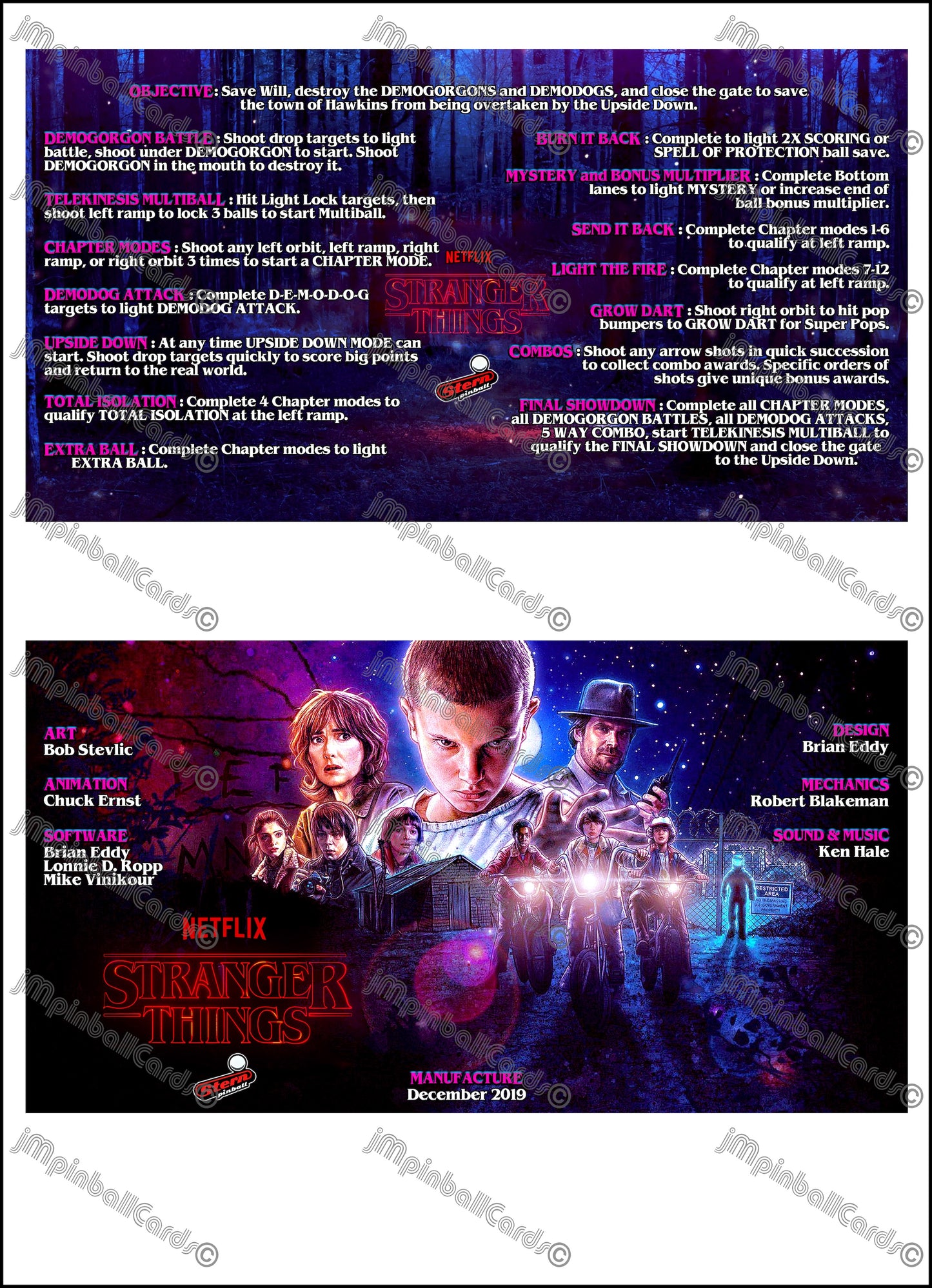 Stern Stranger Things 2019 Jeu Cartes Instructions Flipper Custom Apron règles imprimées V2