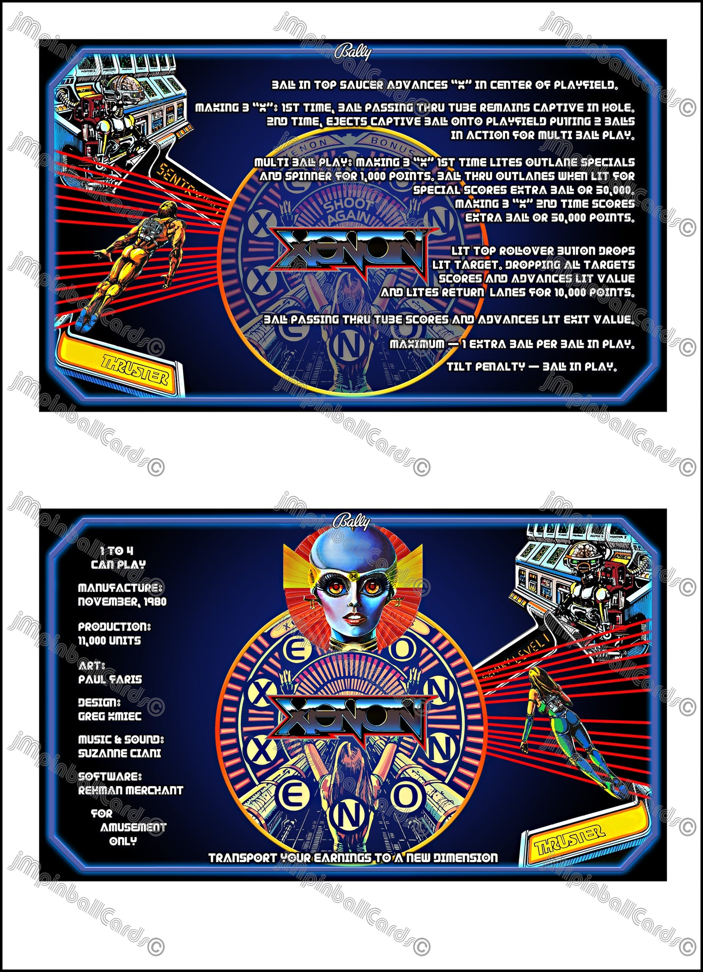 Bally XENON 1980 Jeu Cartes Instructions Flipper Custom Apron règles imprimées V2