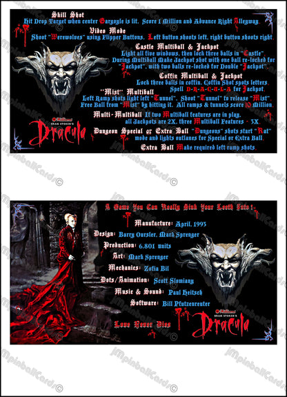 Instrucciones de las tarjetas del juego Drácula de Bram Stoker de Williams (1993) y reglas impresas del delantal personalizado de pinball (versión 2)
