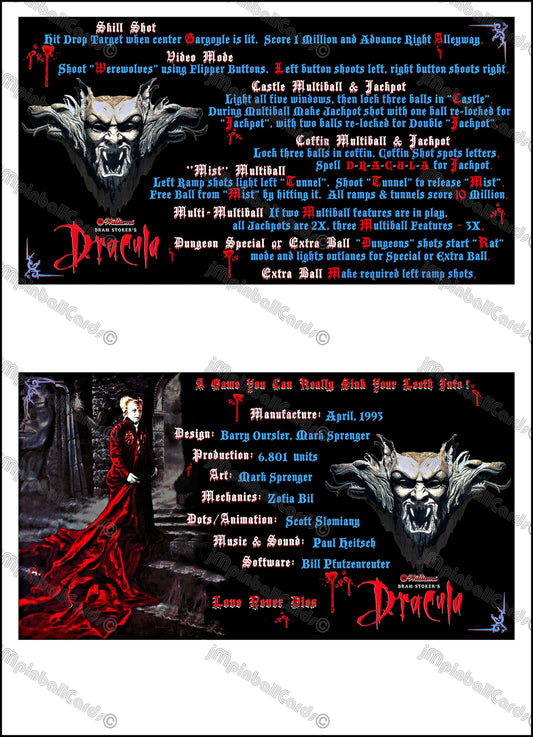 Williams Bram Stokers Dracula 1993 Jeu Cartes Instructions Flipper Custom Apron règles imprimées V2