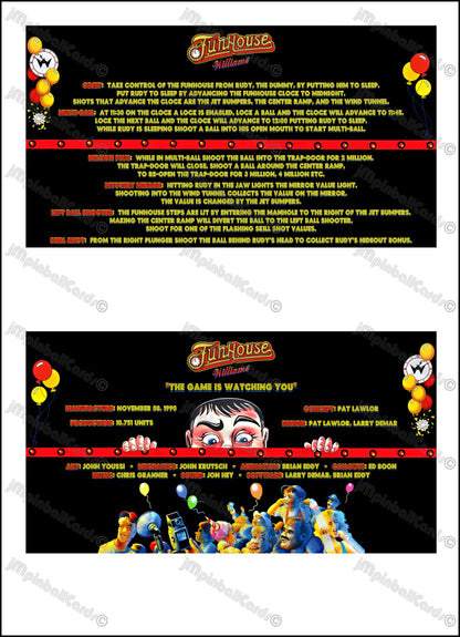 Instrucciones de las tarjetas del juego Williams Funhouse 1990, delantal personalizado de pinball, reglas impresas V2
