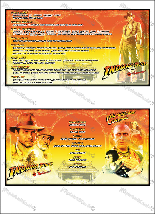 Williams Indiana Jones 1993 Jeu Cartes Instructions Flipper Custom Apron règles imprimées V2