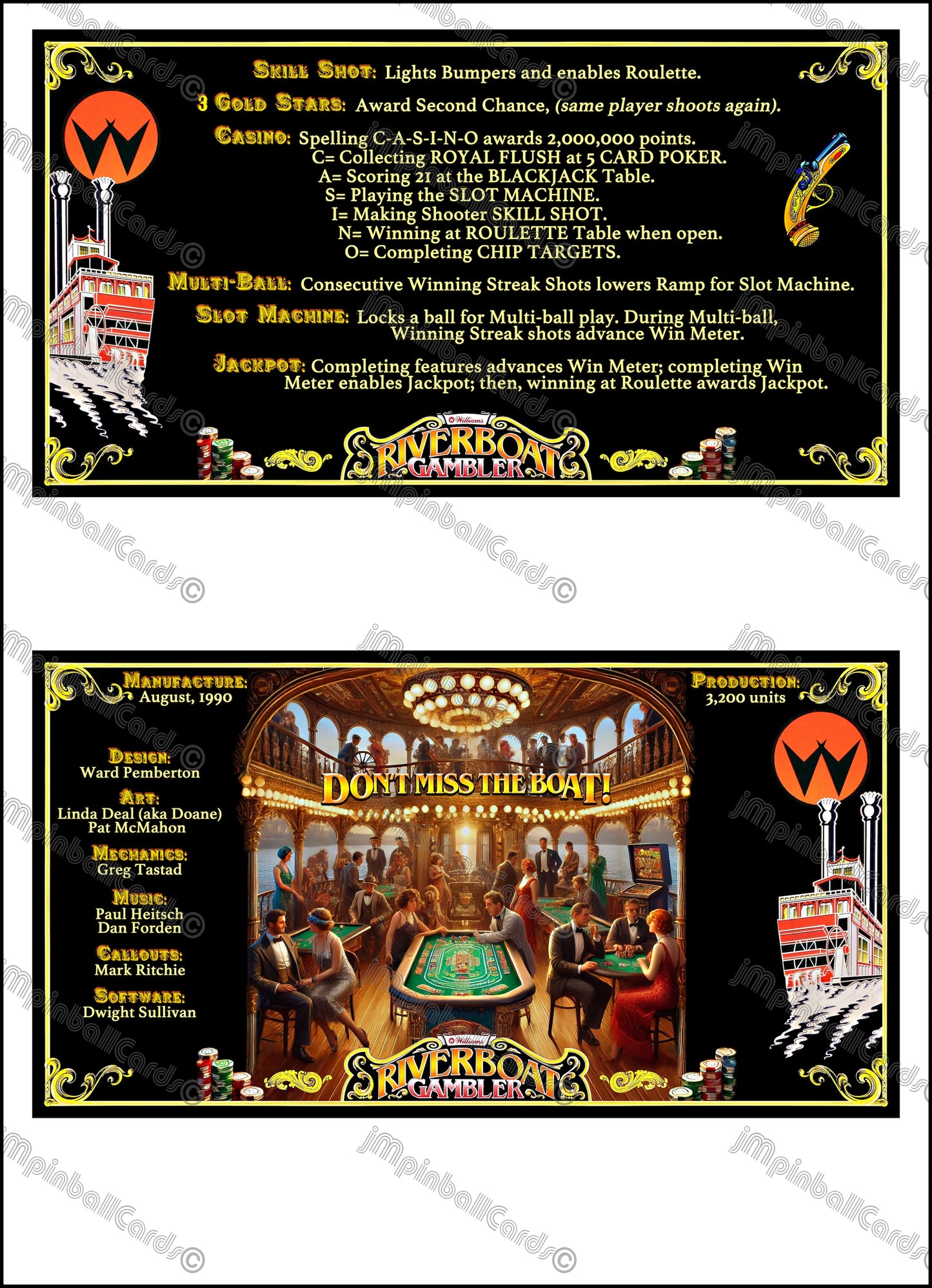 Instrucciones de las tarjetas del juego Williams Riverboat Gambler de 1990, máquina de pinball, delantal personalizado, reglas impresas (versión 2)