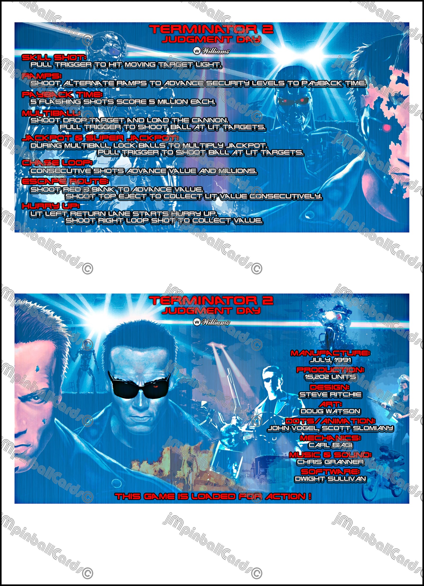 Williams T2 Terminator 2 1991 Jeu Cartes Instructions Flipper Custom Apron règles imprimées V2