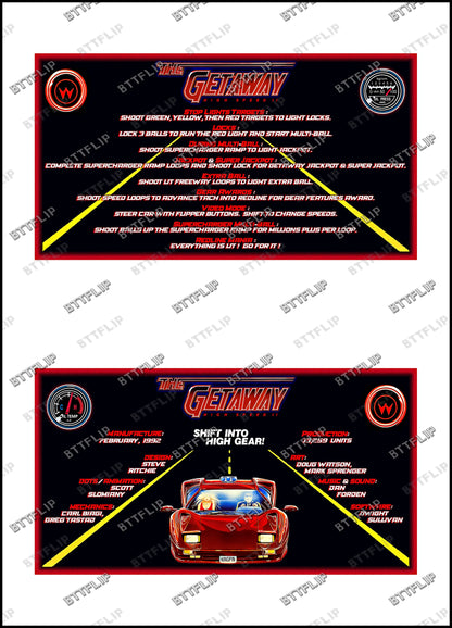 Williams The Getaway 1992 Game Cards Instructions Pinball Custom Apron Printed Rules V2