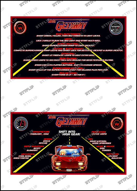Williams The Getaway 1992 Jeu Cartes Instructions Flipper Custom Apron règles imprimées V2