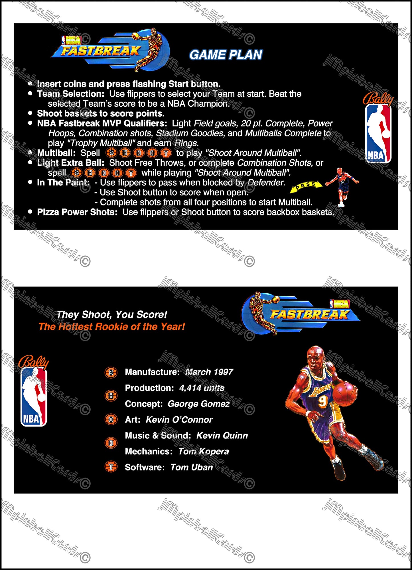 Bally NBA FASTBREAK 1997 Jeu Cartes Instructions Flipper Custom Apron règles imprimées V3