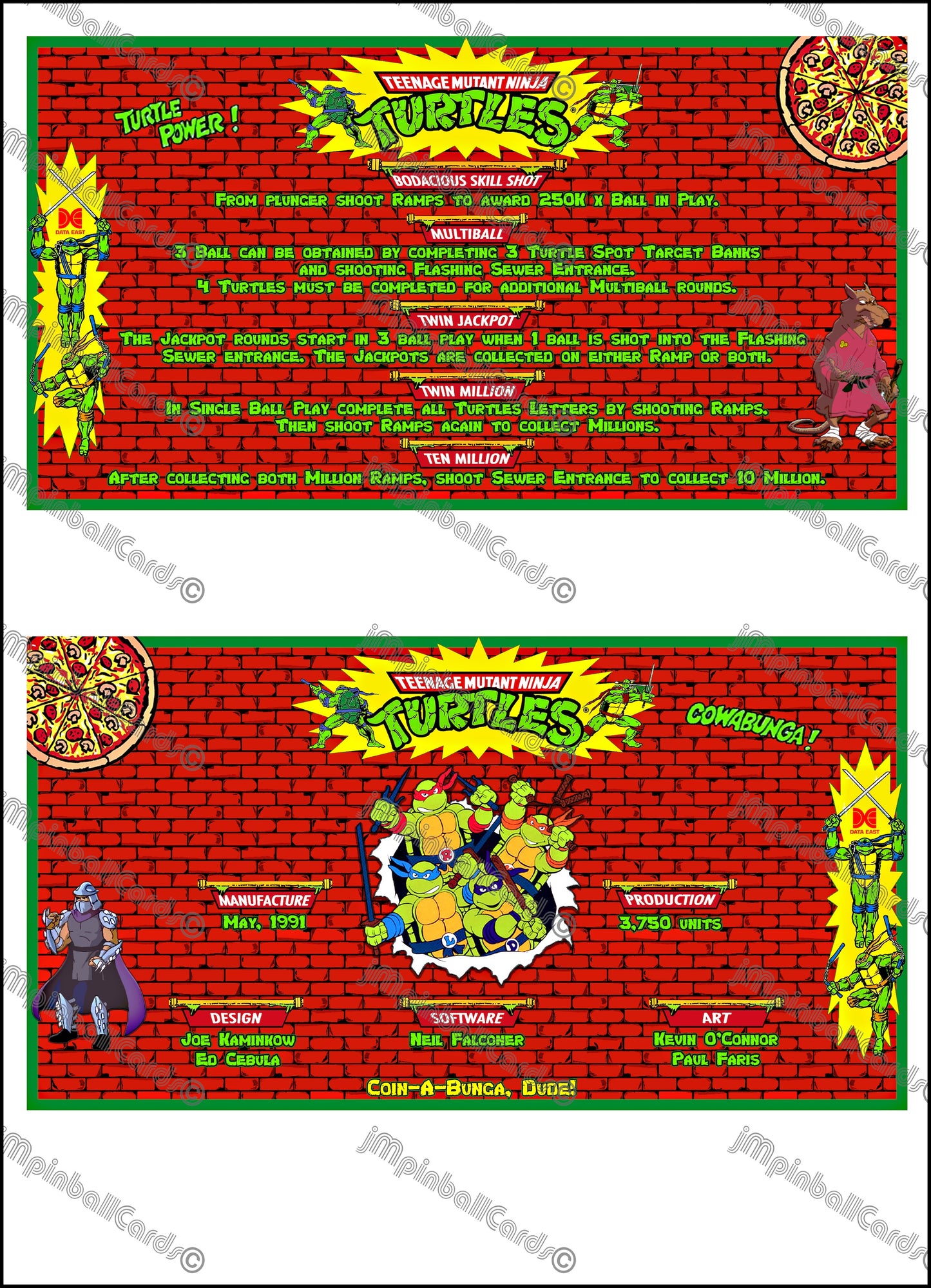 Data East Ninja Turtles 1991 Jeu Cartes Instructions Flipper Custom Apron règles imprimées V3