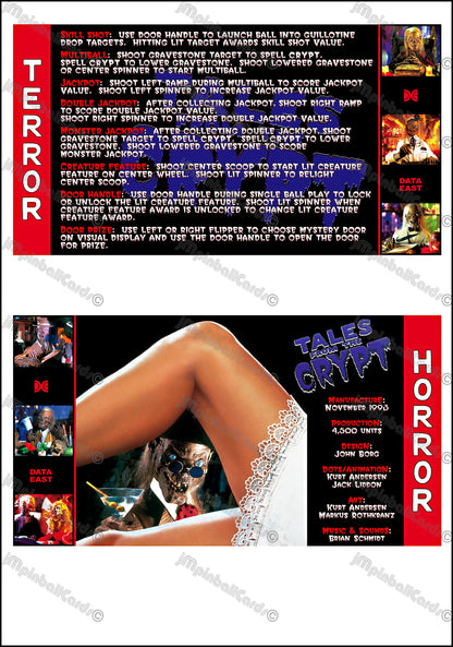 Instrucciones de tarjetas de juego Data East Tales From The Crypt 1993, delantal personalizado de pinball, reglas impresas V3