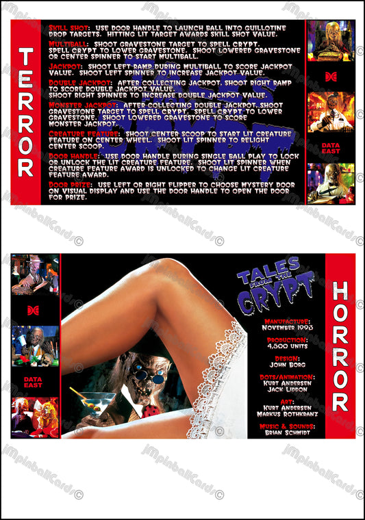 Data East Tales From The Crypt 1993 Jeu Cartes Instructions Flipper Custom Apron règles imprimées V3