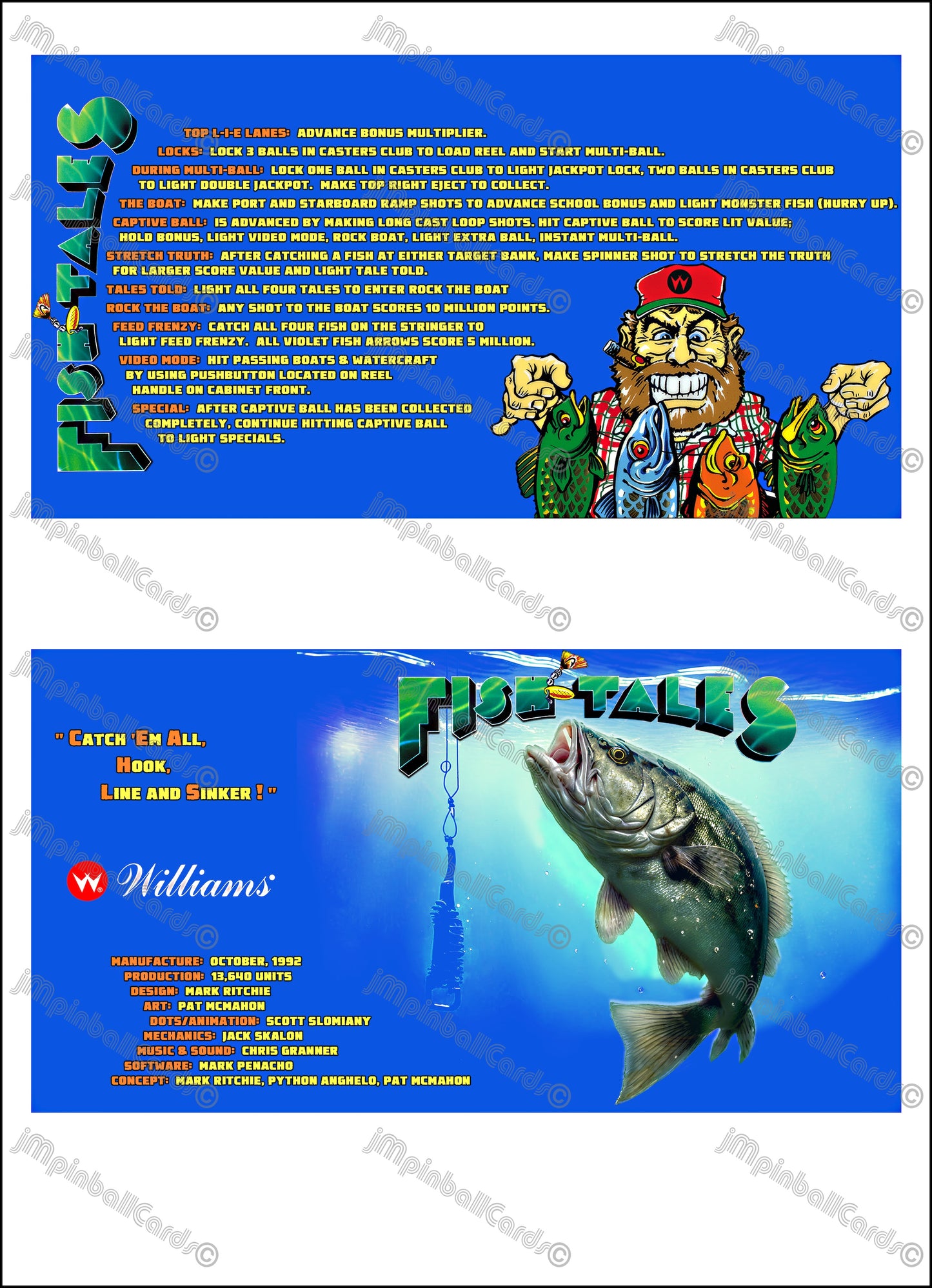 Instrucciones de las tarjetas del juego Williams Fish Tales 1992, delantal personalizado de pinball, reglas impresas V3