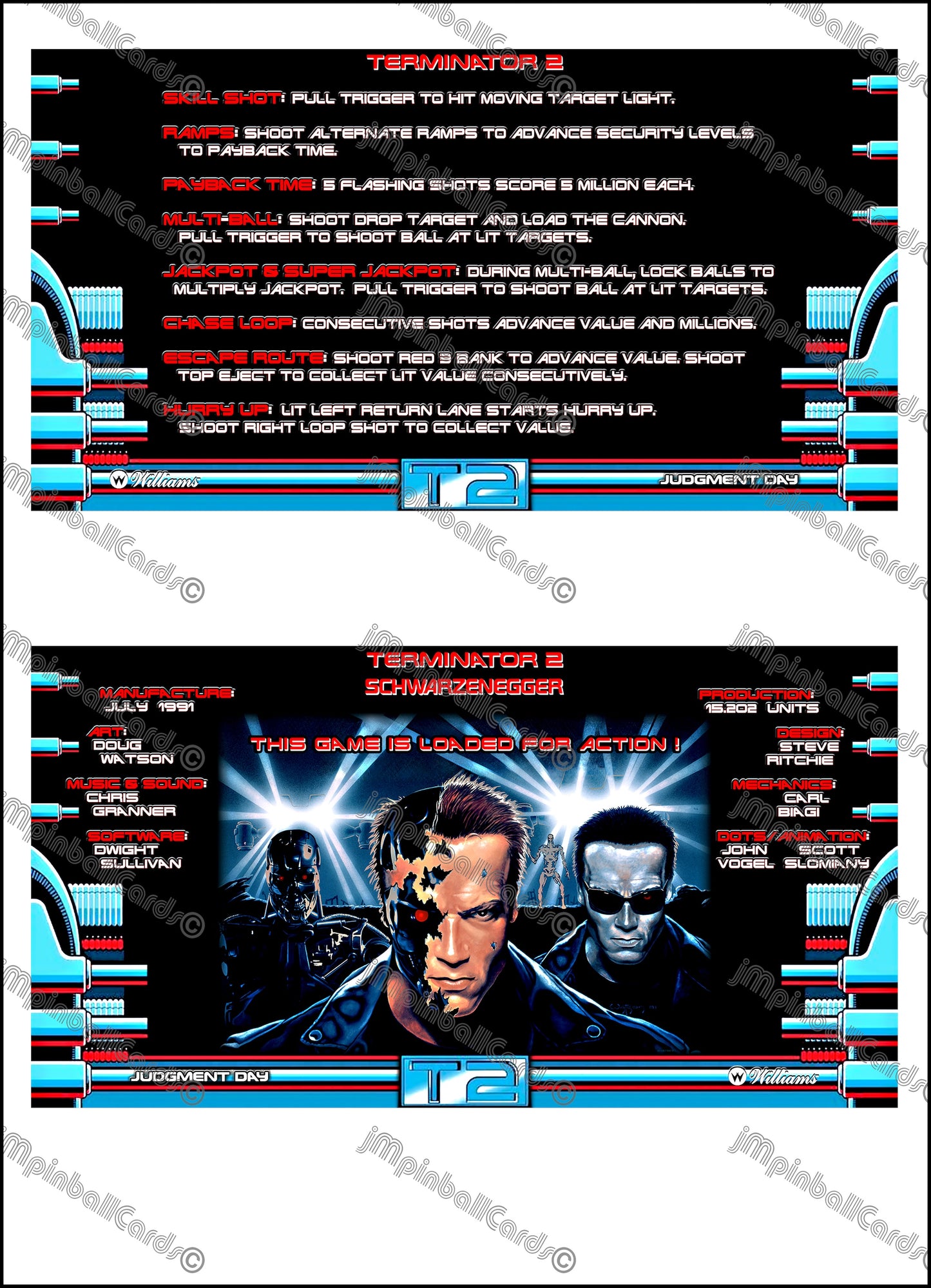 Williams T2 Terminator 2 1991 Jeu Cartes Instructions Flipper Custom Apron règles imprimées V3