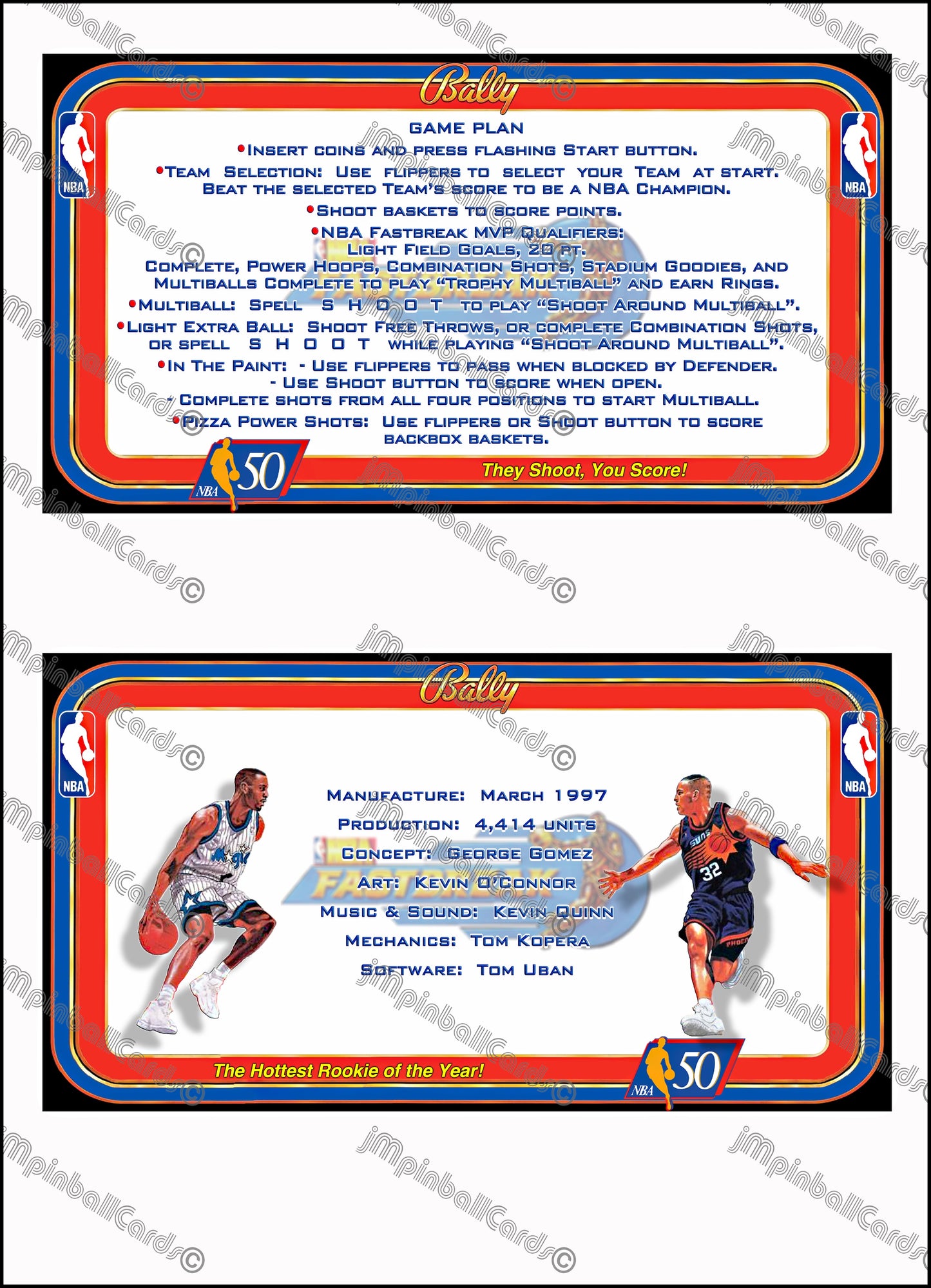 Bally NBA FASTBREAK 1997 Jeu Cartes Instructions Flipper Custom Apron règles imprimées V4