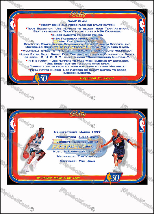Bally NBA FASTBREAK 1997 Jeu Cartes Instructions Flipper Custom Apron règles imprimées V4