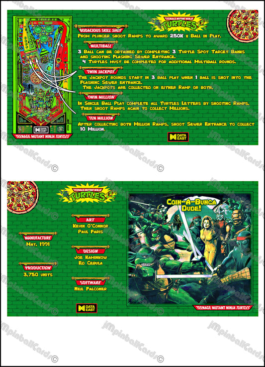 Data East Ninja Turtles 1991 Jeu Cartes Instructions Flipper Custom Apron règles imprimées V4