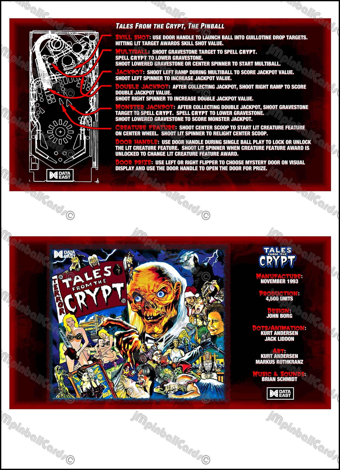 Data East Tales From The Crypt 1993 Jeu Cartes Instructions Flipper Custom Apron règles imprimées V4
