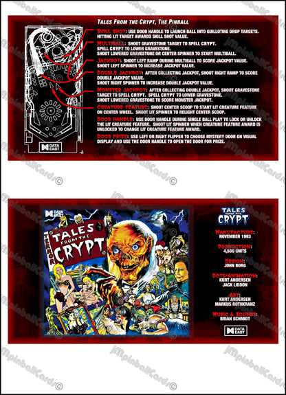 Instrucciones de las tarjetas del juego Data East Tales From The Crypt 1993, delantal personalizado de pinball, reglas impresas V4