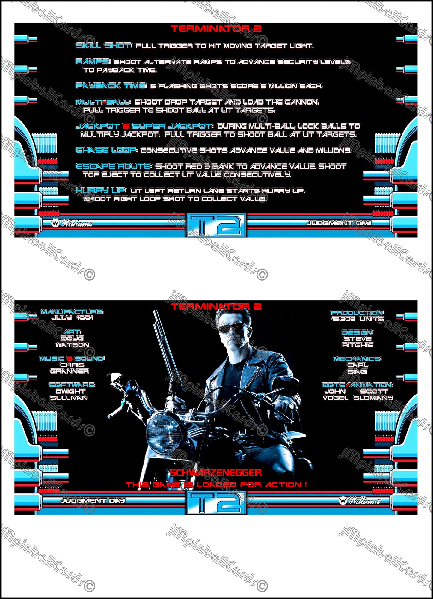 Williams T2 Terminator 2 1991 Jeu Cartes Instructions Flipper Custom Apron règles imprimées V4