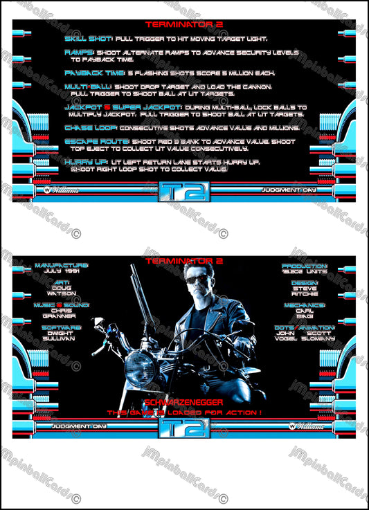 Williams T2 Terminator 2 1991 Jeu Cartes Instructions Flipper Custom Apron règles imprimées V4