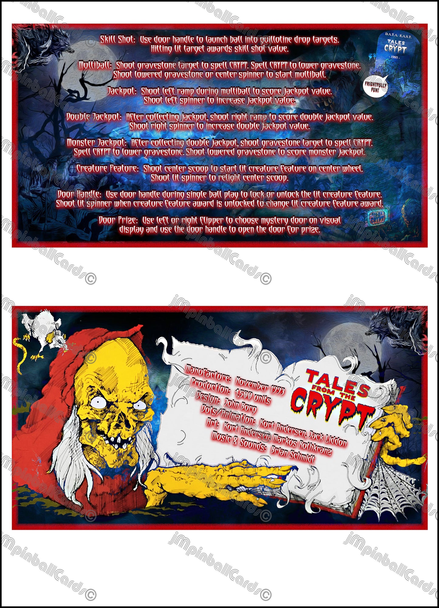Instrucciones de las tarjetas del juego Data East Tales From The Crypt 1993, delantal personalizado de pinball, reglas impresas V5