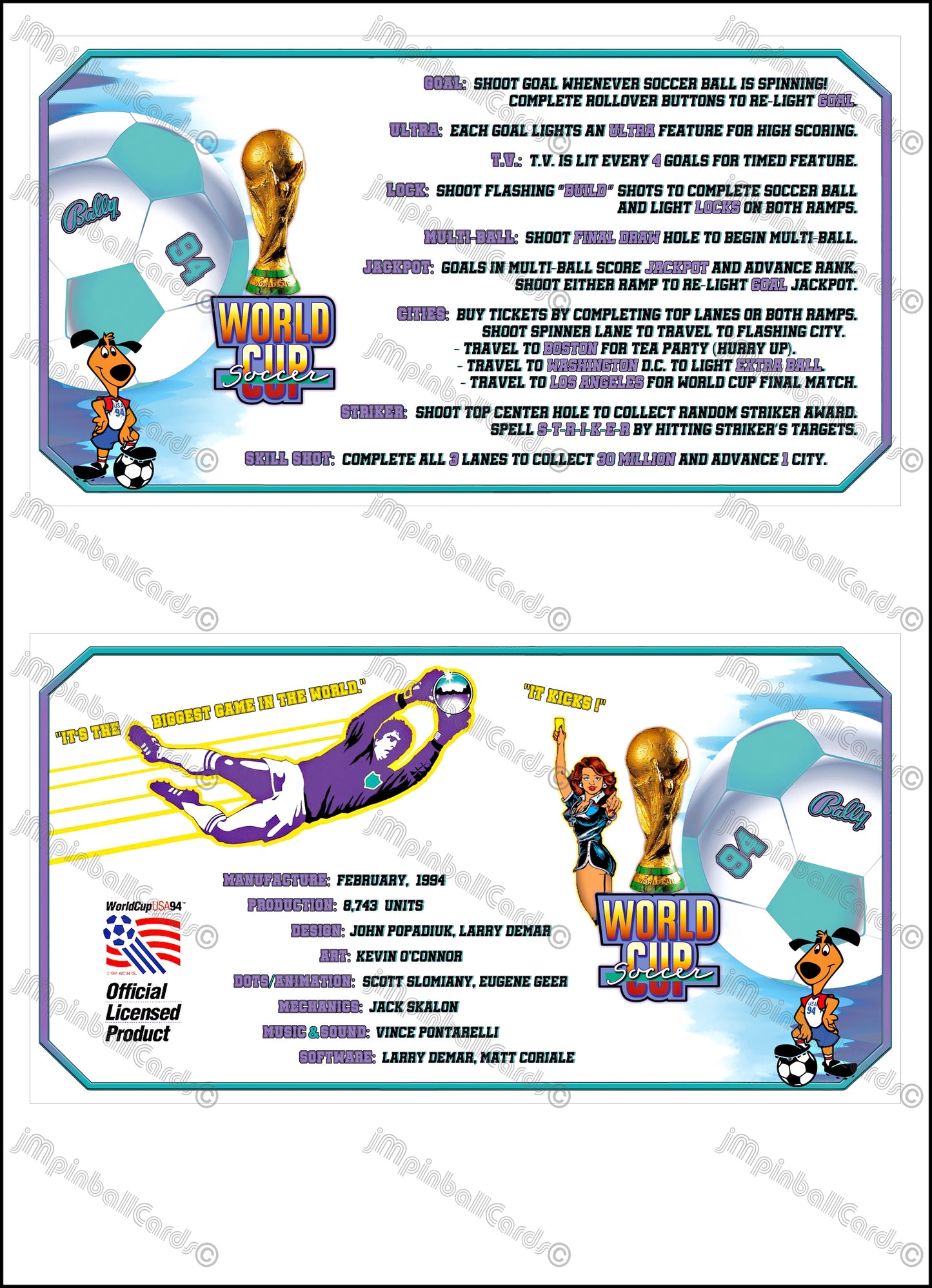 Bally World Cup Soccer USA 1994 WH Jeu Cartes Instructions Flipper Custom Apron règles imprimées