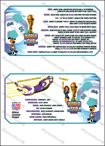 Bally World Cup Soccer USA 1994 WH Jeu Cartes règles Instructions Flipper Custom Apron