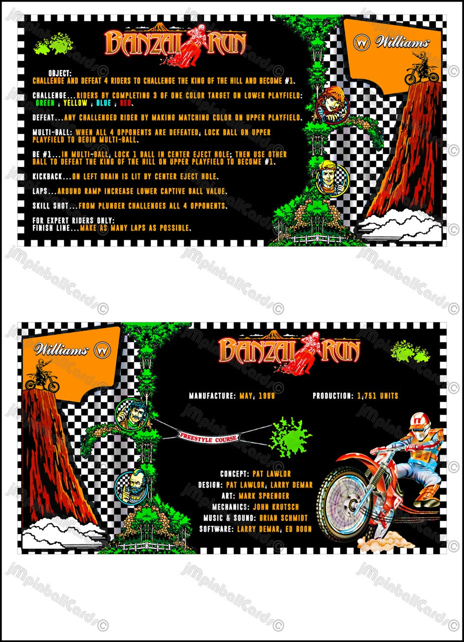Williams Banzai Run 1988 Jeu Cartes Instructions Flipper Custom Apron règles imprimées