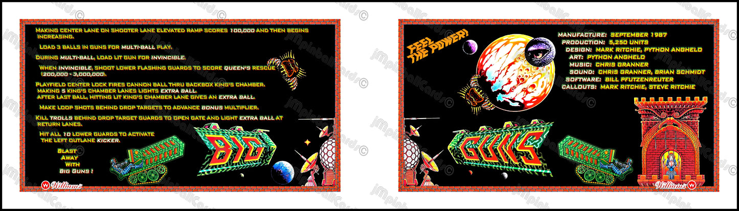 Instrucciones de las tarjetas de juego Williams Big Guns 1987, delantal personalizado de pinball, reglas impresas