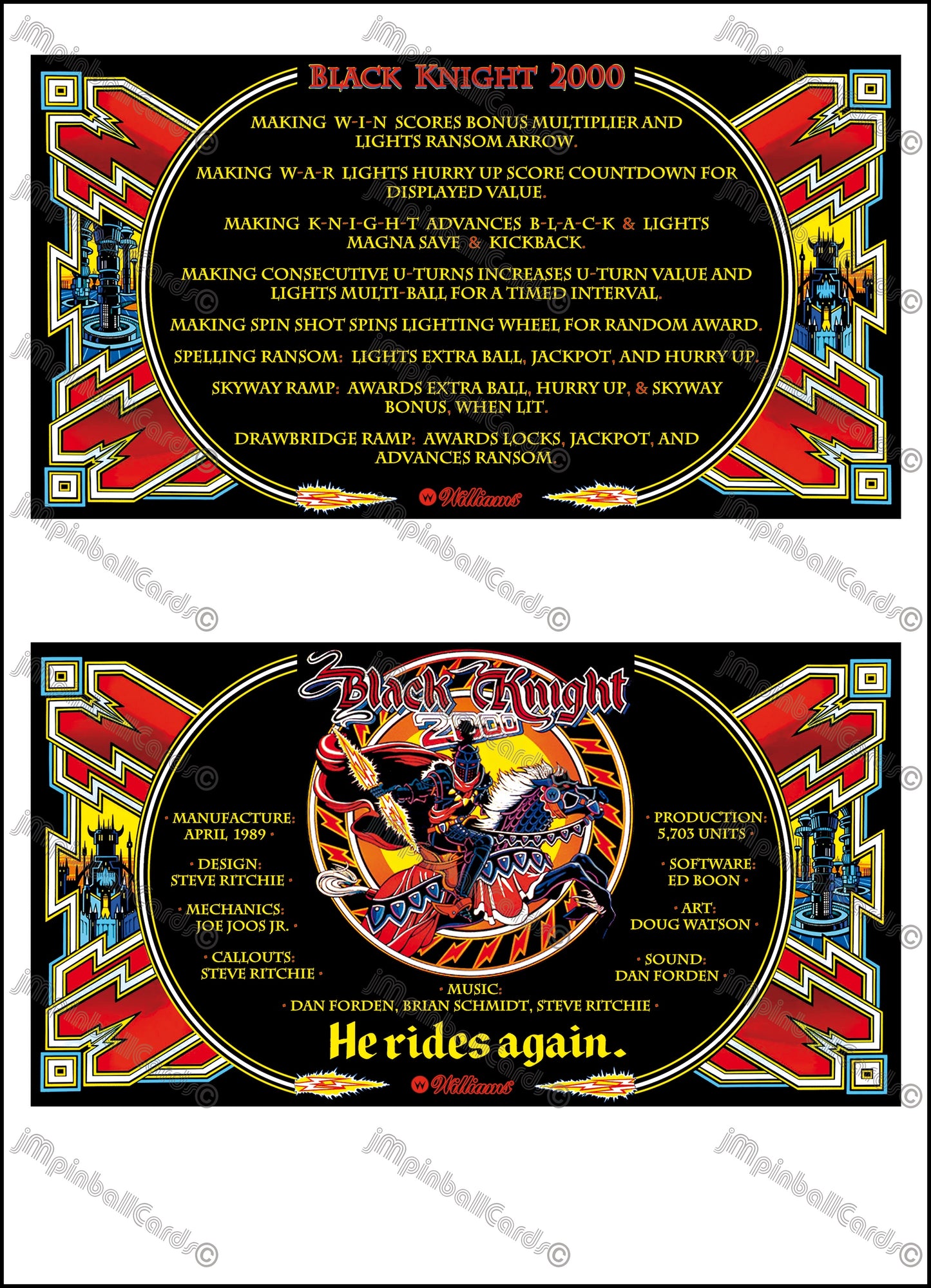 Williams Black Knight 2000 1989 Jeu Cartes Instructions Flipper Custom Apron règles imprimées