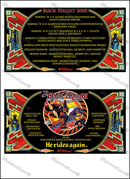 Williams Black Knight 2000 1989 Jeu Cartes Instructions Flipper Custom Apron règles imprimées