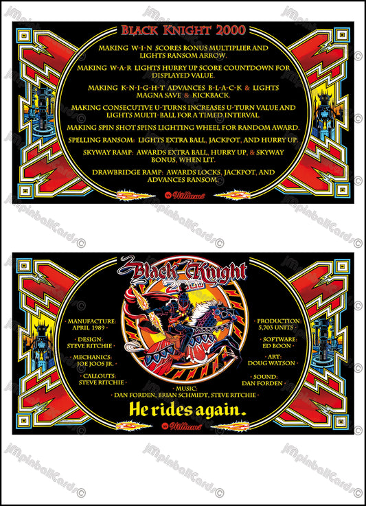 Williams Black Knight 2000 1989 Jeu Cartes Instructions Flipper Custom Apron règles imprimées