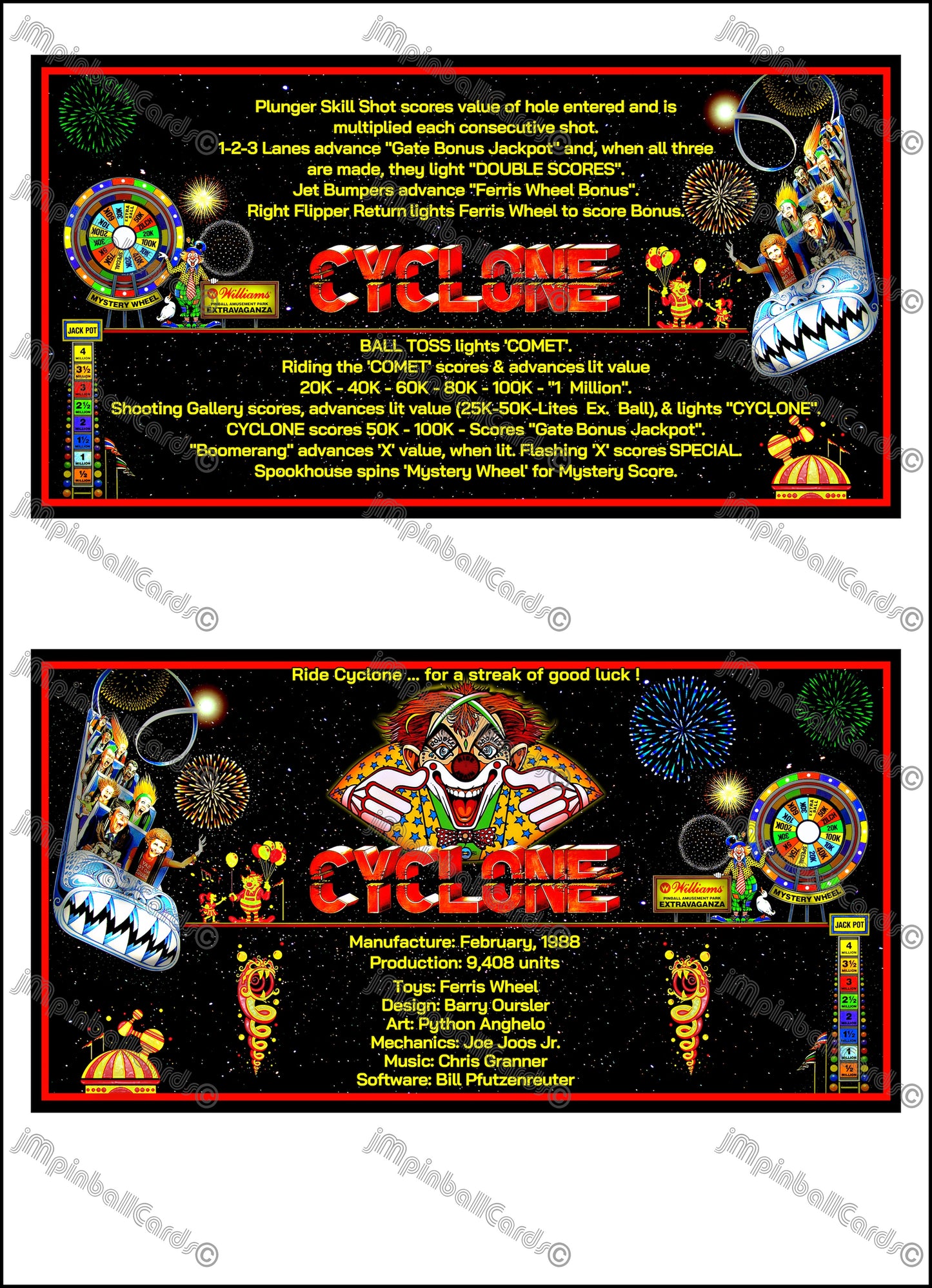 Instrucciones de las tarjetas del juego Williams Cyclone 1988, delantal personalizado de pinball, reglas impresas