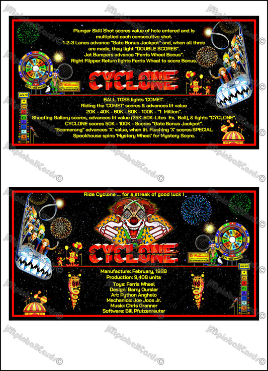 Instrucciones de las tarjetas del juego Williams Cyclone 1988, delantal personalizado de pinball, reglas impresas