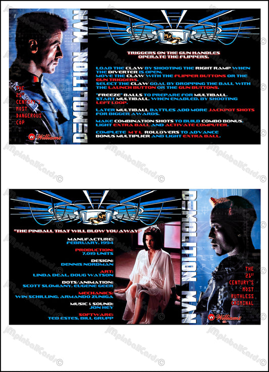 Instrucciones de las tarjetas del juego Williams Demolition Man 1994, delantal personalizado de pinball, reglas impresas