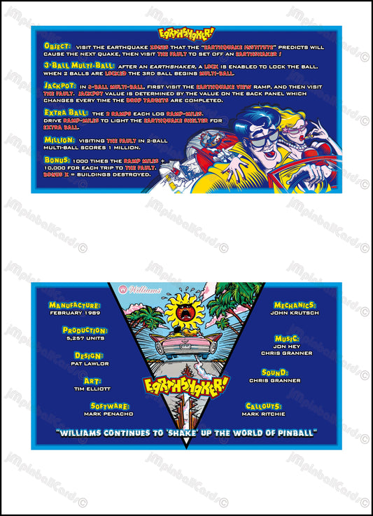 Instrucciones de las tarjetas del juego Williams Earthshaker 1989, delantal personalizado de pinball, reglas impresas
