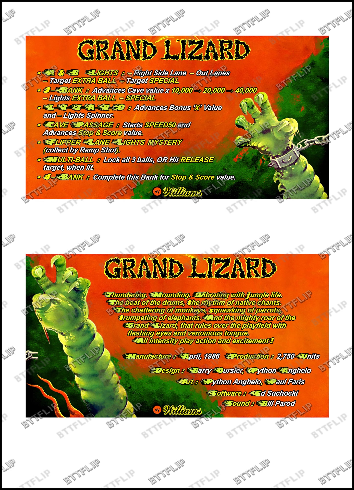 Williams GRAND LIZARD 1986 Jeu Cartes Instructions Flipper Custom Apron règles imprimées