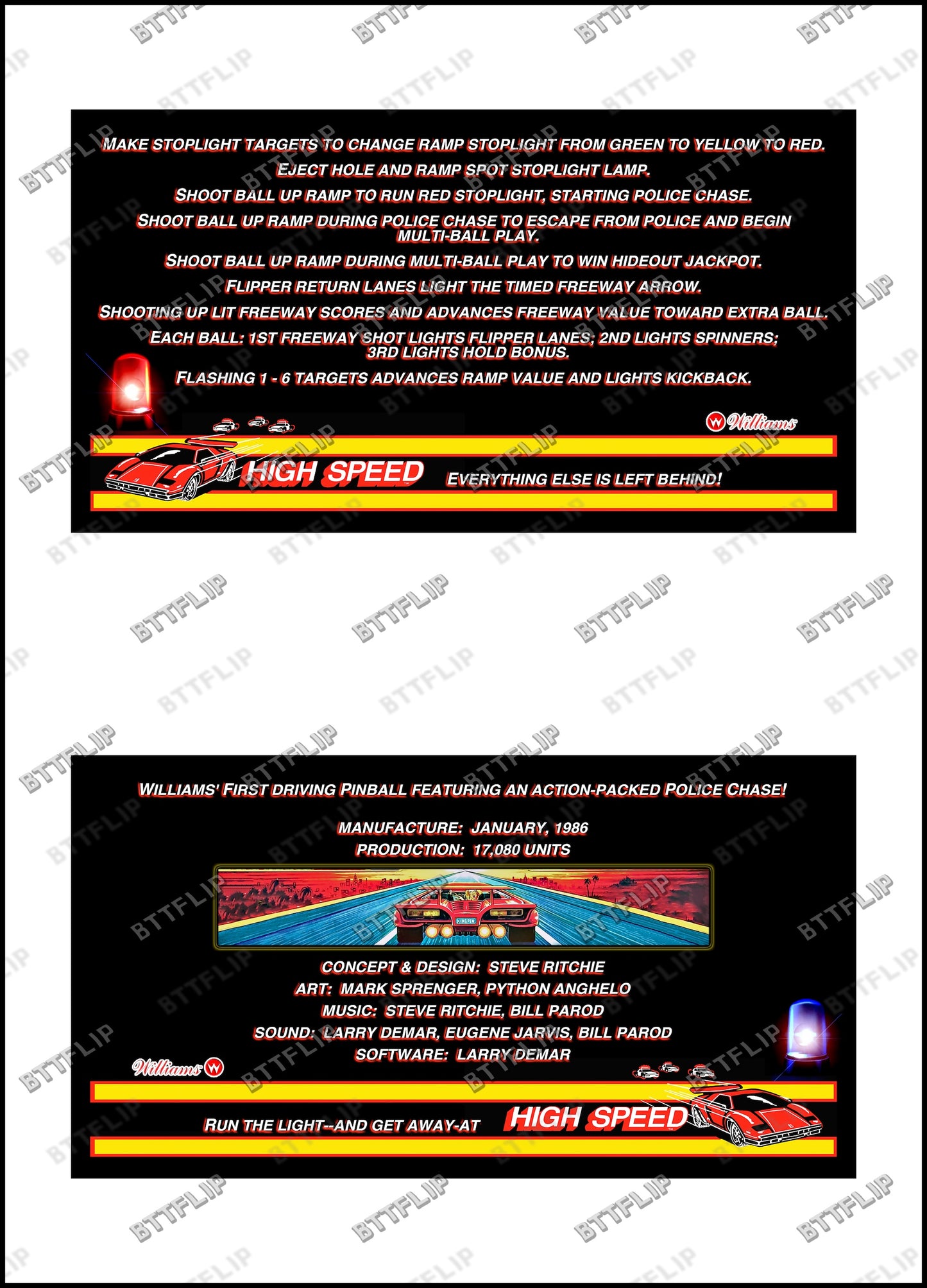 Williams HIGH SPEED 1986 Jeu Cartes Instructions Flipper Custom Apron règles imprimées