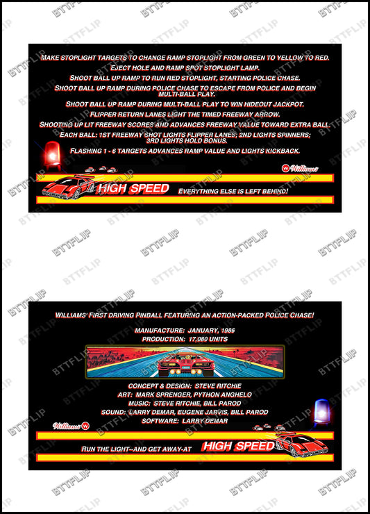 Williams HIGH SPEED 1986 Jeu Cartes Instructions Flipper Custom Apron règles imprimées