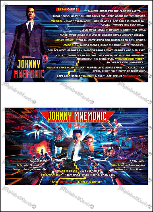 Instrucciones de las tarjetas del juego Williams Johnny Mnemonic de 1995. Delantal personalizado con reglas impresas.