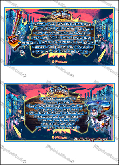 Instrucciones de las tarjetas del juego Williams Junk Yard 1996, delantal personalizado de pinball, reglas impresas