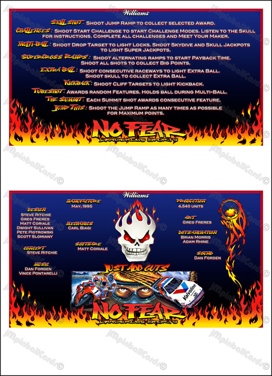 Williams No Fear Dangerous Sports 1995 Jeu Cartes Instructions Flipper Custom Apron règles imprimées